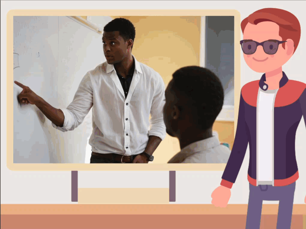 An animated character stands next to a screen displaying a real-life teacher pointing to a whiteboard, representing a lesson on AI-generated images and their use in education.