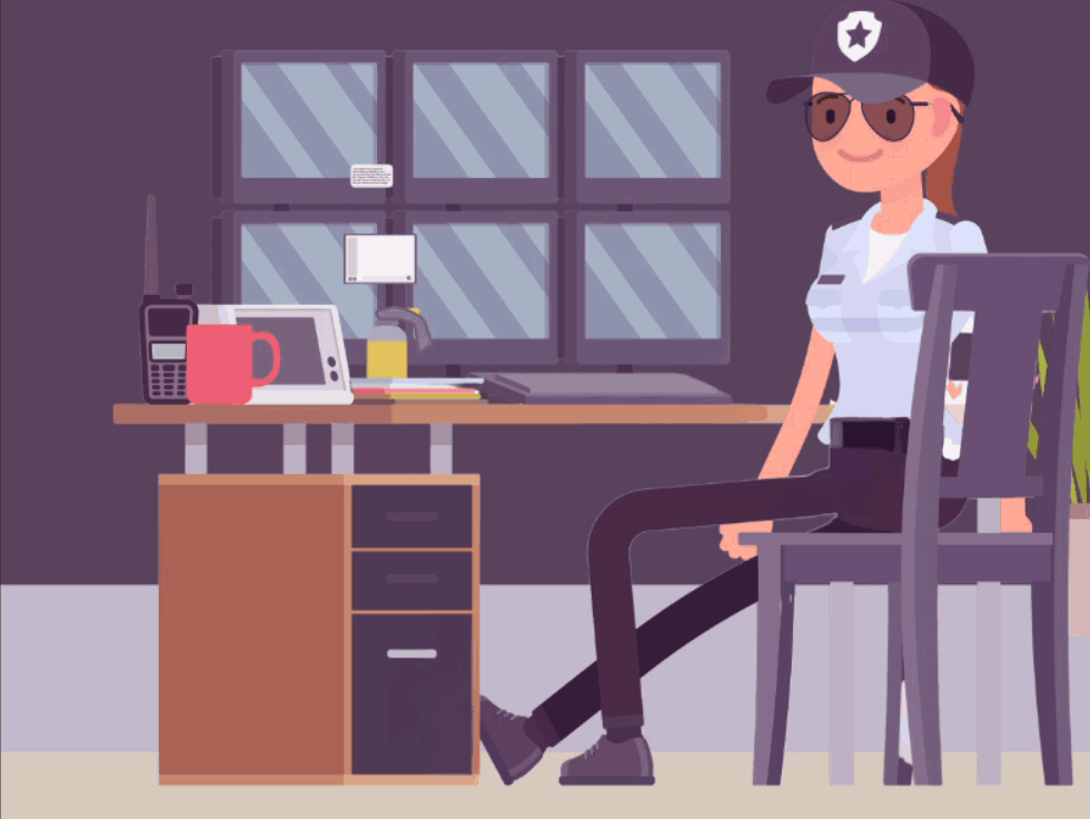 An animated security officer sits confidently at a desk in a control room with multiple monitors on the wall, representing a scene from an AI detection lesson focused on identifying and addressing bias.