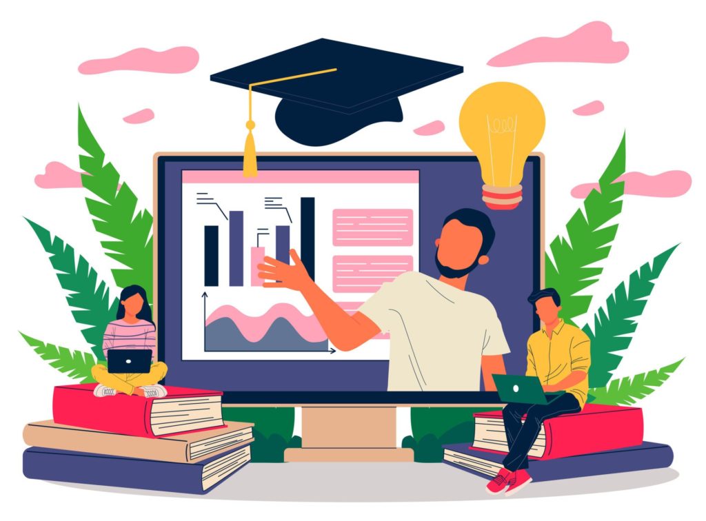 Online teacher explaining graphs on monitor