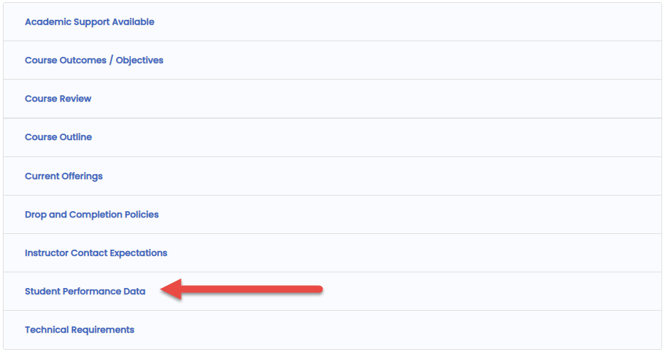 Image shows multiple expandable subsections under the Additional Course Information section. There is a red arrow pointing at the subsection labeled 