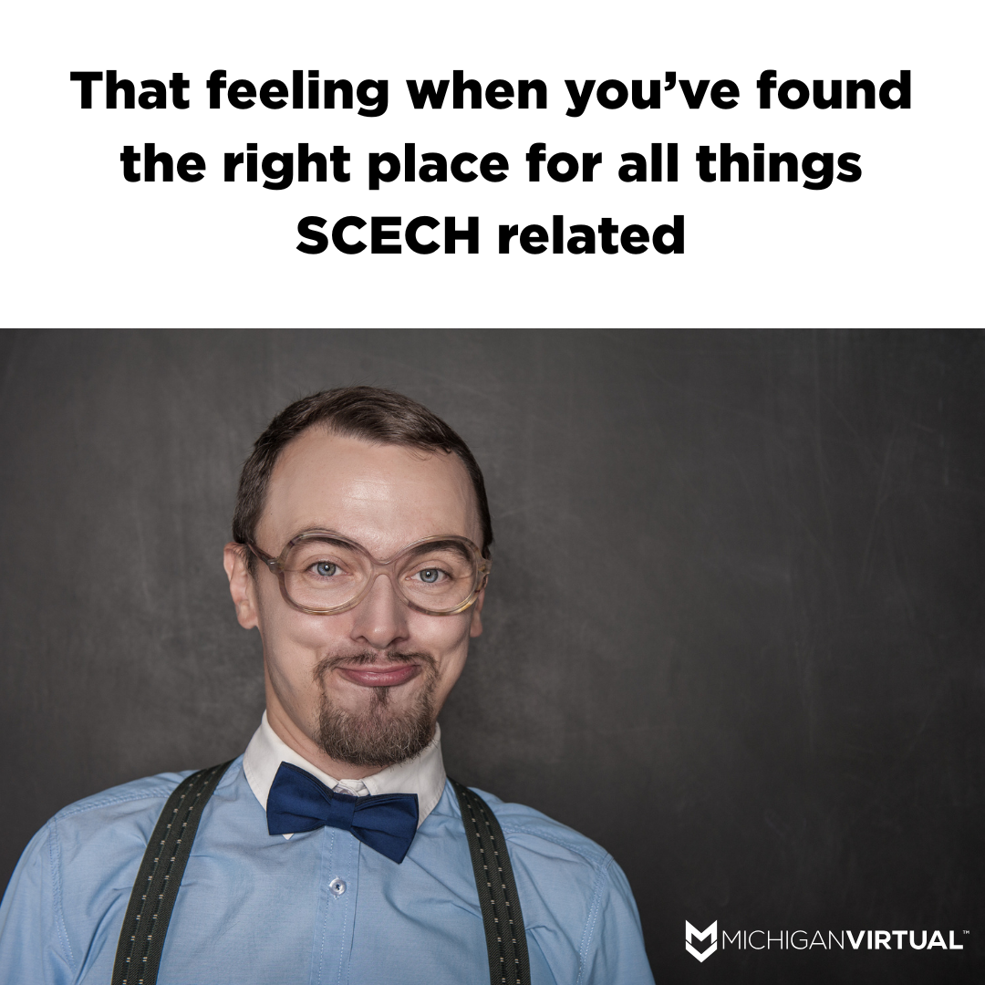 Meme of male teacher with bowtie, suspenders, and glasses standing in front of chalkboard with smug facial expression with the text "That feeling when you've found the right place for all things SCECH related".