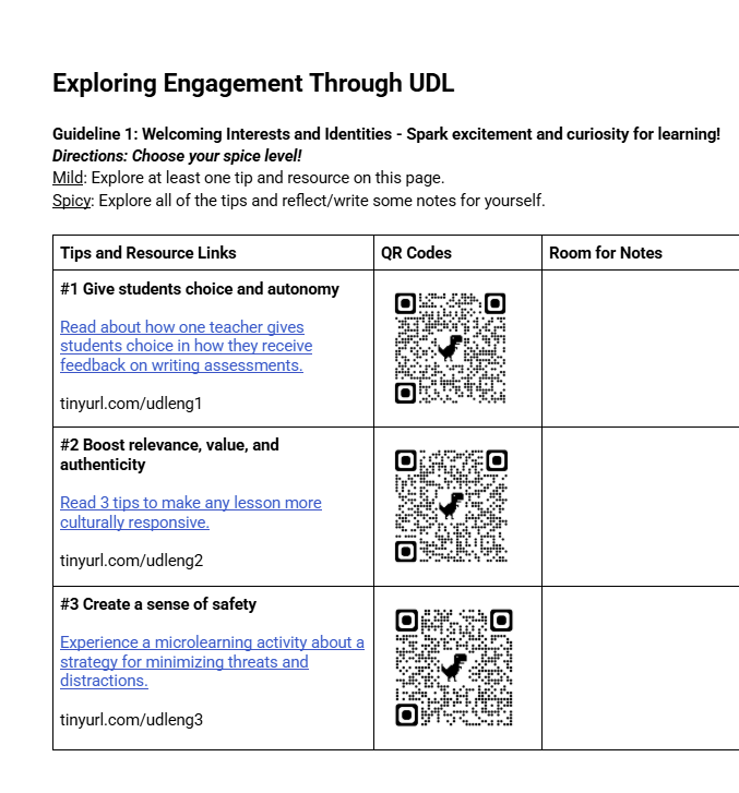 Screenshot of Exploring Engagement Through UDL Google Doc